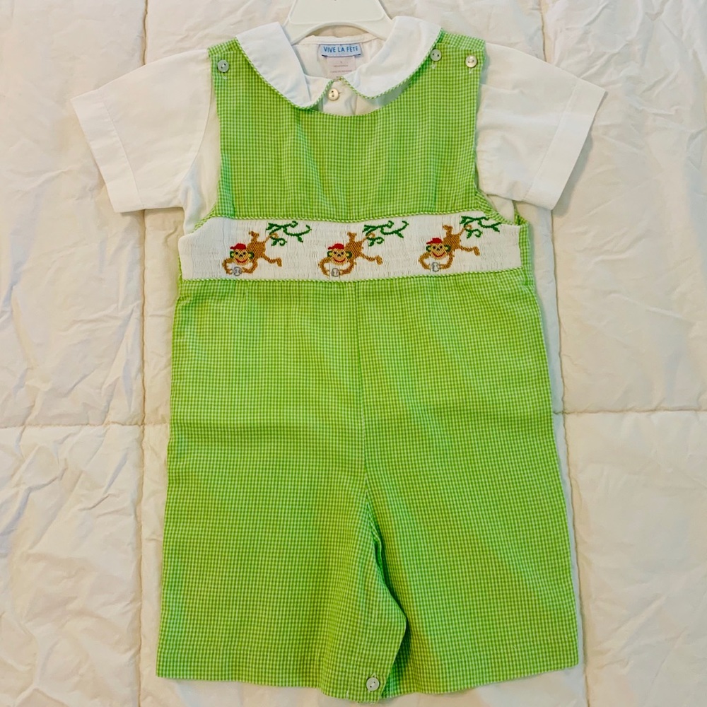 EUC Vive La Fete smocked baseball monkey shortall